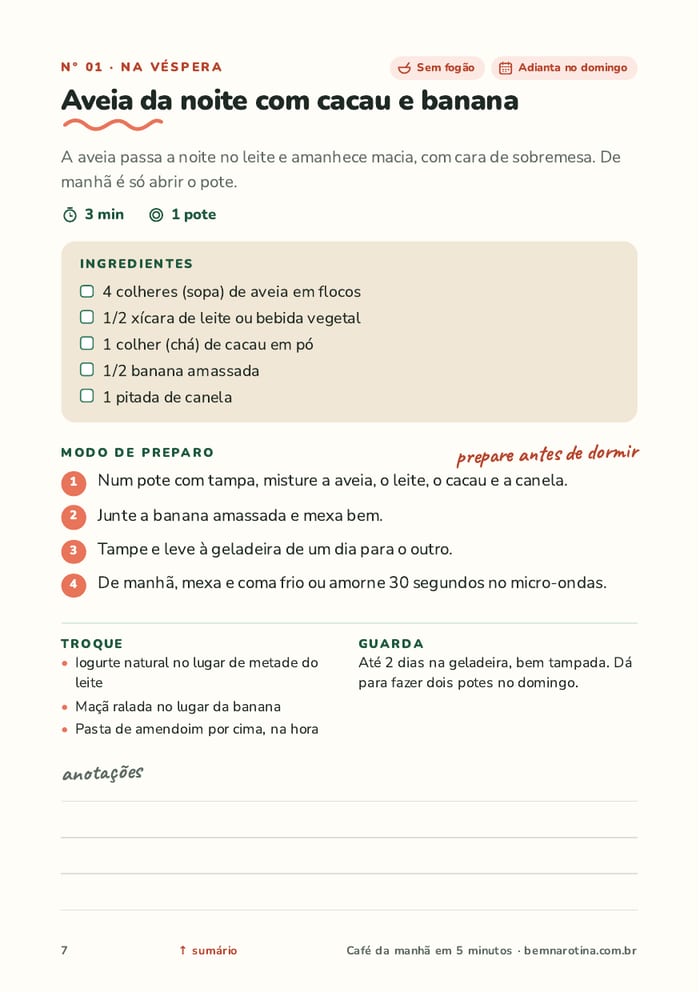 Página da receita Aveia da noite com cacau e banana: 3 minutos, 1 pote, cinco ingredientes, quatro passos, o que trocar e como guardar.