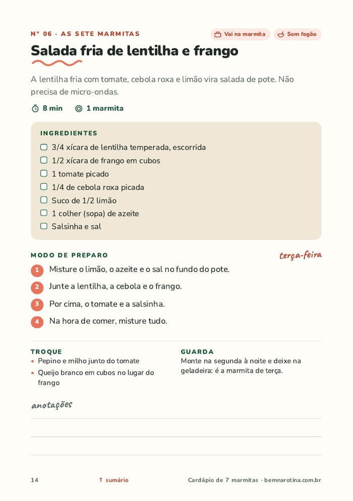 Página da marmita Salada fria de lentilha e frango: ingredientes, montagem no pote, o que trocar e quando comer.