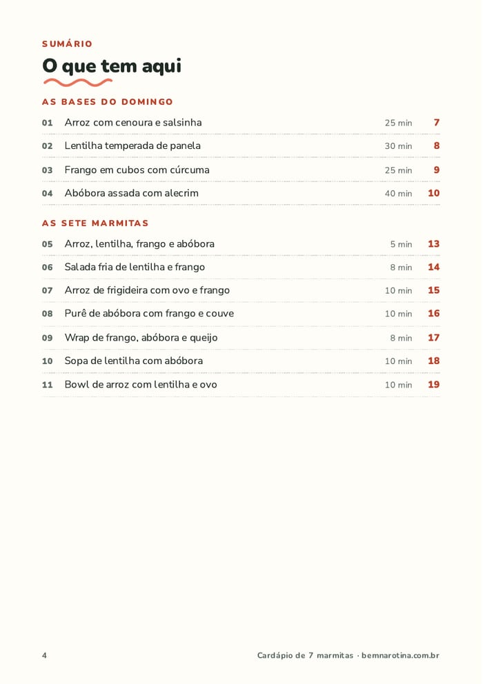 Sumário do Cardápio de 7 marmitas, com as 4 bases do domingo e as 7 marmitas, o tempo de cada uma e a página.