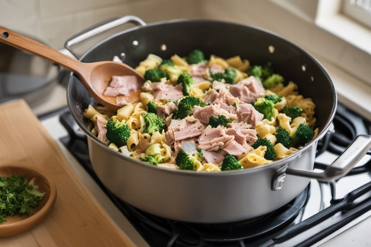 Panela no fogão com macarrão, atum e brócolis e uma colher de pau