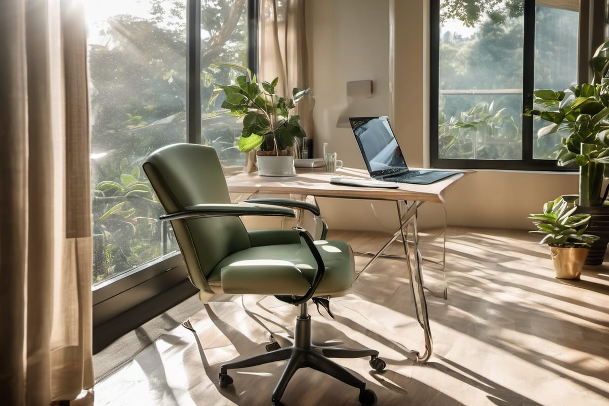 Cadeira de escritório afastada da mesa com notebook, perto da janela