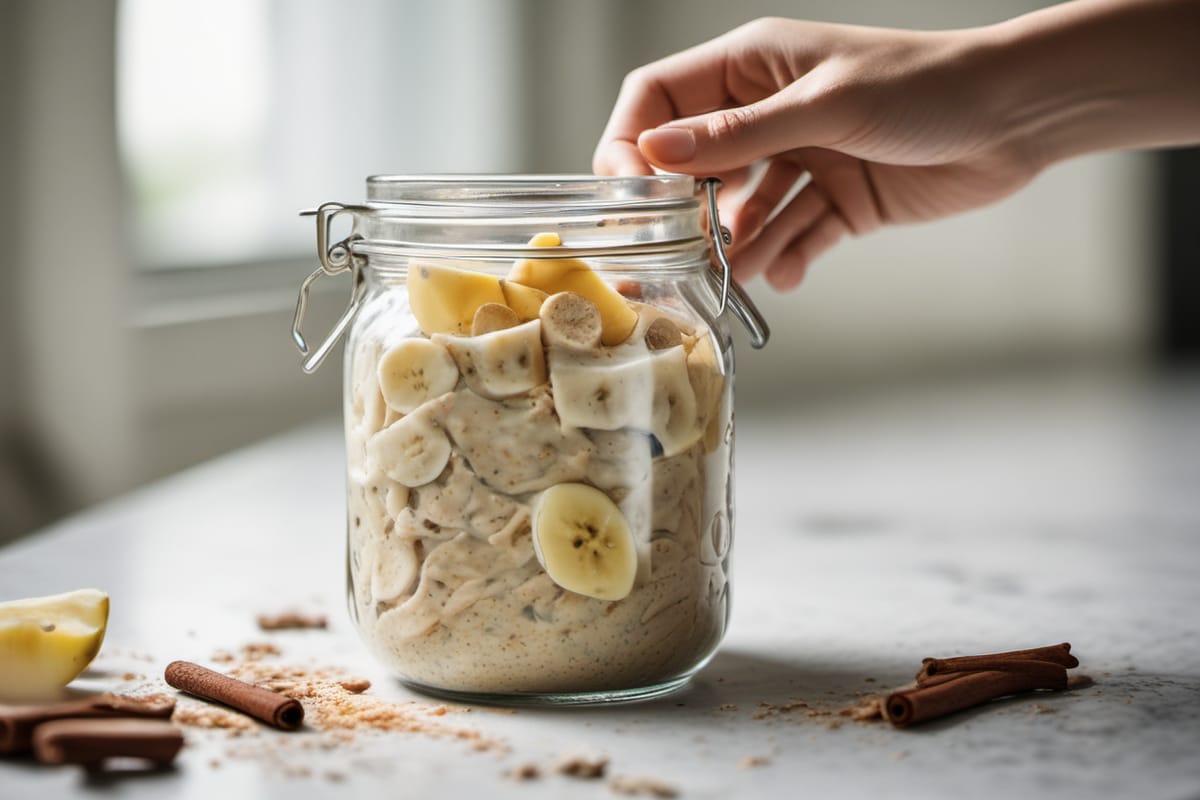 Mão abrindo um pote de vidro com aveia e banana, com canela em pau ao lado